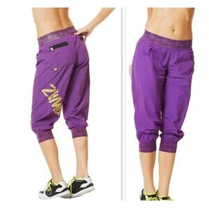 ZUMBA CAPRI CARGO HAREM JOGGER PANTS Dance Fitness HIPHOP Gold Foil SWISHY sz S
